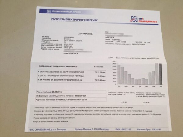 A Serbian electricity bill from January 2016, issued by Elektroprivreda Srbije. It includes details like consumption, charges, and a bar graph showing monthly electricity usage over the past year.